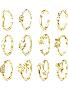12PCS Adjustable Knuckle Rings for Women, Fashion Stackable Rings, 14K Gold Plated Stacking Rings Pack, Hug Open Knot Wave Star Moon Dainty Thumb Ring, Cute Silver Rings Set