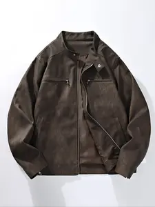 Men's Leather Jacket Stand Collar Design, Zipper Pocket Detailing, Casual Loose Fit Style for Spring & Fall Seasons
