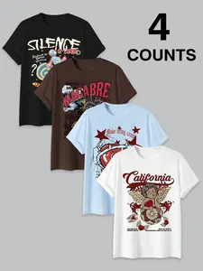 🔥4 Pack Edgy Fitted Graphic Tees | Y2K Retro & California Angel & Motivational Print Shirts | Trendy Streetwear Tops | Versatile Everyday Outfits