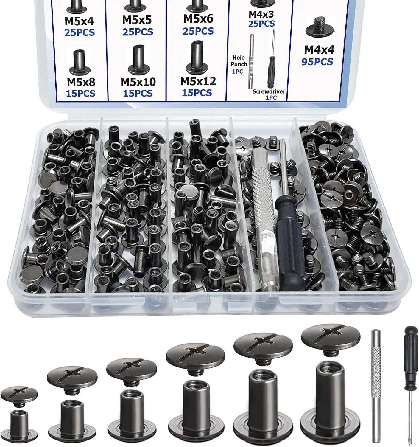 120 Black Chicago Screws for Leather, 6 Sizes Screw Rivets for Leather Craft Repairs Decoration (M5*4,5,6,8,10,12)