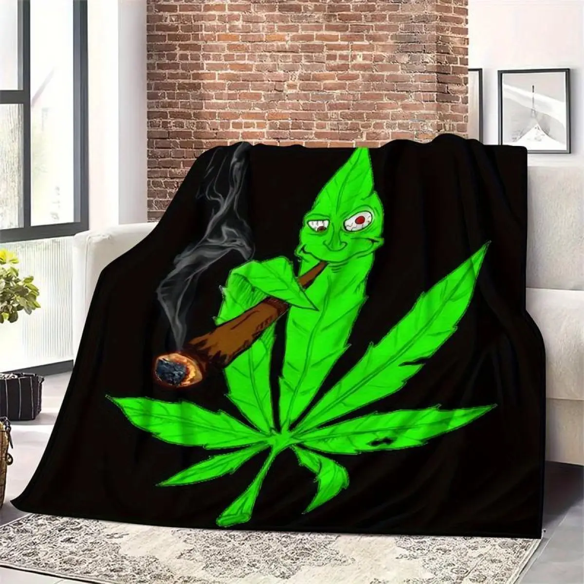 Leaf Character Design Flannel Throw Blankets, Funny Trendy Blanket, Ultra-Soft Blanket Cute Unique Print All-Season Blankets Versatile Comfortable Warm Quilt For Room Couch Car Camping Decor, Birthday, Holiday, Or Christmas Gift
