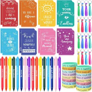 64 count Inspirational Gifts Bulk 16 Motivational Notebooks Journal 16 Ballpoint Pens 16 Wristbands 16 Keychains for Teacher Office Women Employee Party Favor(Watercolor)