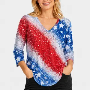Women's Patriotic V-Neck 3/4 Sleeve Raglan T-Shirt, USA American Flag 1776–2026 250th Anniversary Graphic Tee, Soft Stretch Relaxed Fit Curved Hem Casual Top for Fourth of July, Patriotic Celebrations, Daily Wear, Family Gatherings and Outdoor Activities