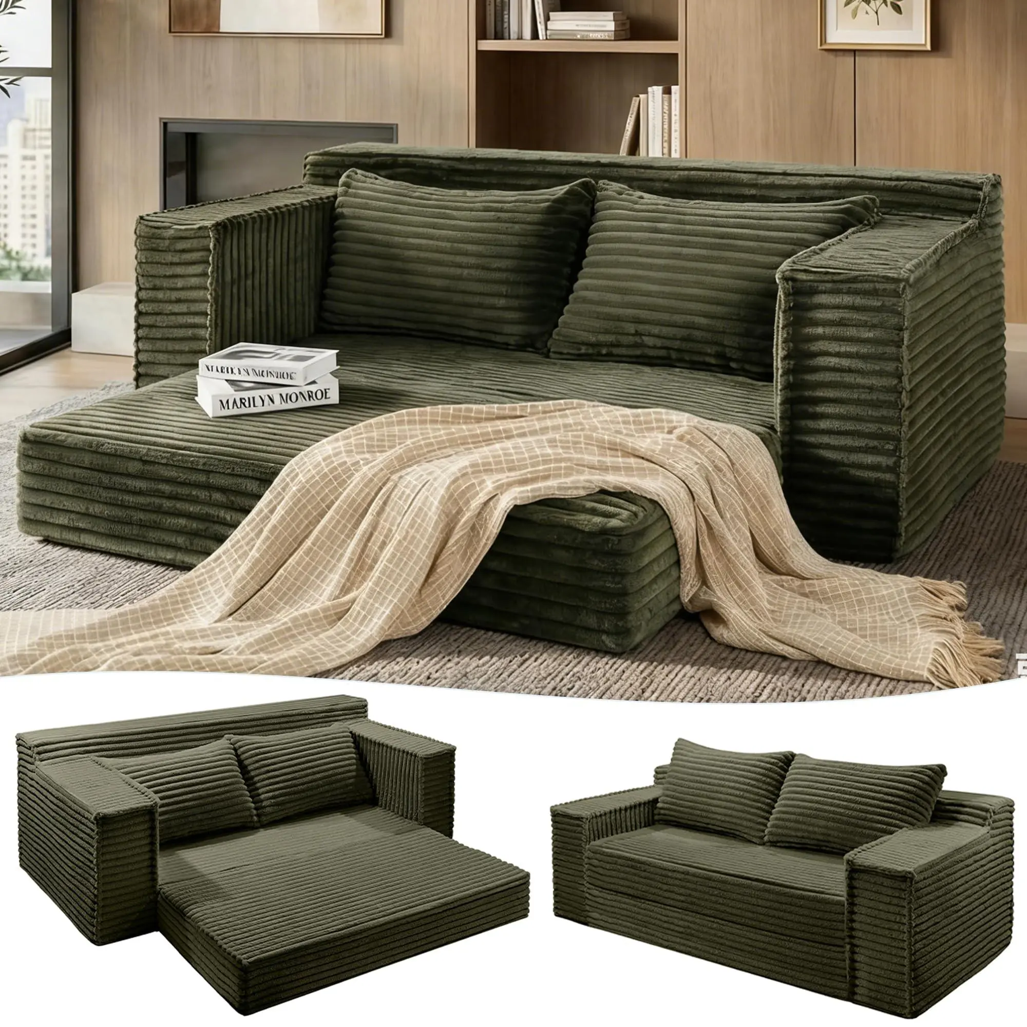 75 Inch Convertible Sofa Bed, Boneless Sleeper Sofa, 2 in 1 Folding Couch Bed with 2 Pillows, Pull Out Couch Bed, Loveseat Sofa for Living Room Bedroom, No Assembly, Green