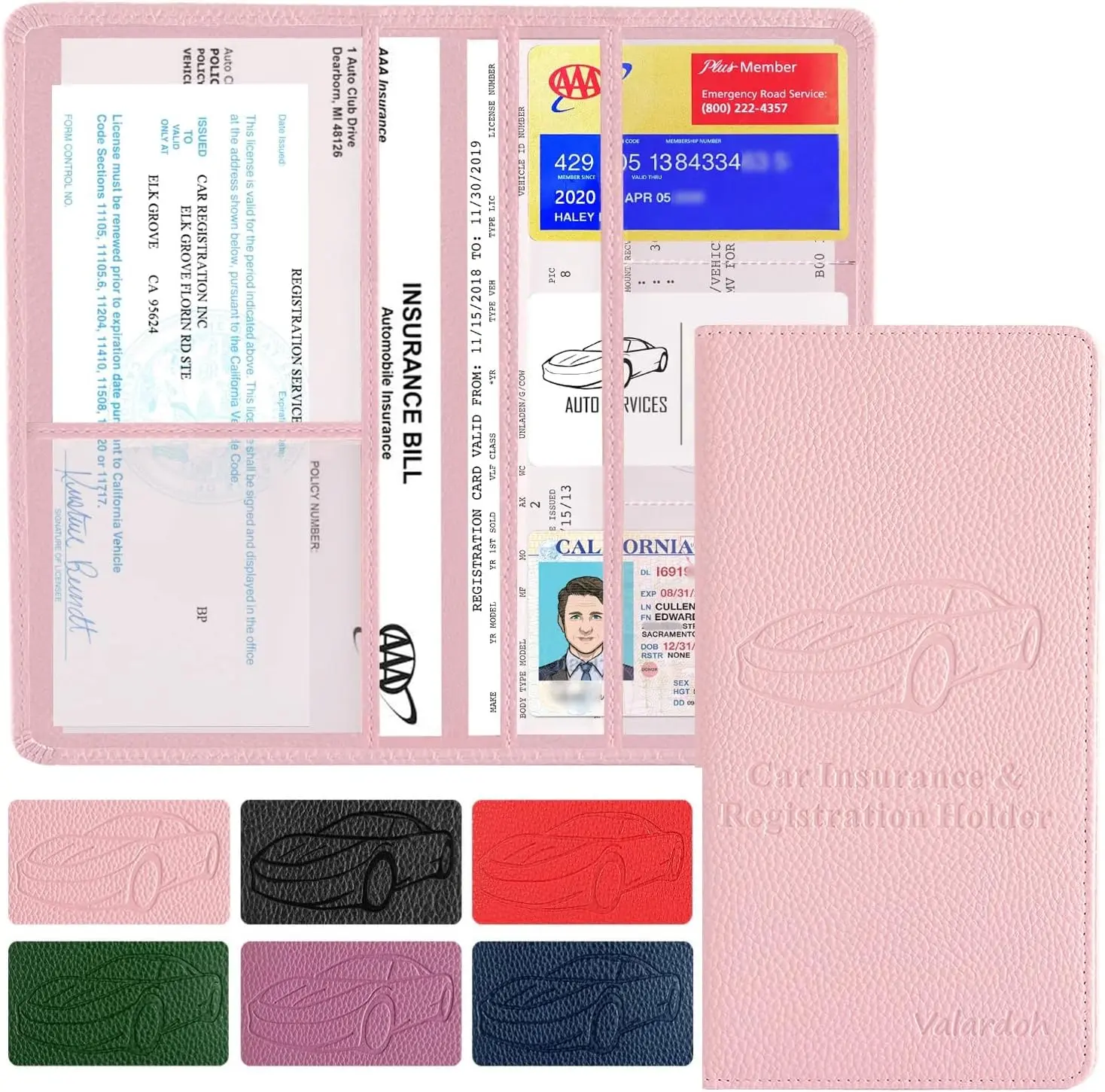 Premium Car Registration and Insurance Card Holder, Car Document Holder for Cards, Driver License & other Essential Documents (Pink)