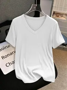 Ruched V-Neck T-Shirt, Elegant Fitted Design, Solid Pattern, All Seasons Wear, Without Collar, No Button, No Zipper, Top