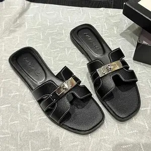 Women's Metal-Buckle Flat Slide Sandals, Classic Versatile Square-Toe Style