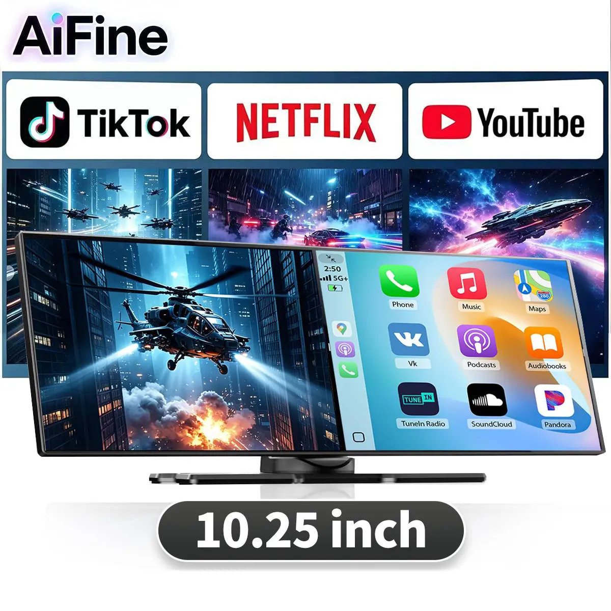 AiFine 10.25-inch CarPlay screen - Supports Netflix,TikTok,and YouTube Apps, Split-Screen App Usage, 1080P Backup Camera Support, Navigation, and Voice Assistant. Compatible with iOS 10+ and Android 11+, 10.25 Inch