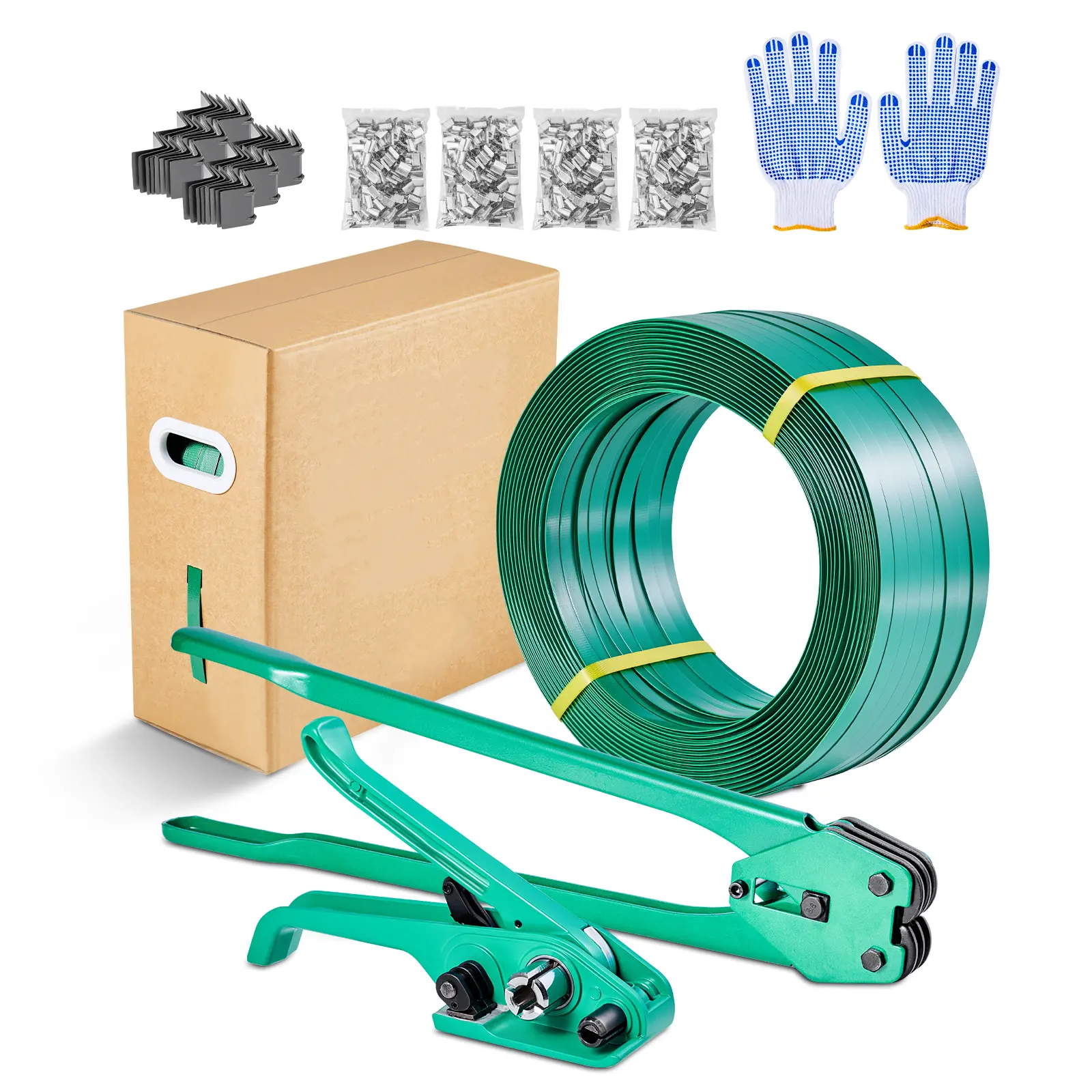 Banding Strapping Kit, Heavy Duty Banding Sealer Tool with 1500 ft PET Band, 450 Metal Seals, 150 Corner Protectors & Gloves, Plastic Pallet Packaging Strapping Kit for Warehouse/Shipping/Moving