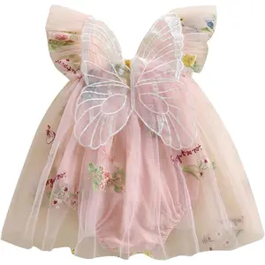 Newborn Infant Baby Girls Clothes Flower Butterfly Embroidery Sleeveless Romper Tulle Mesh Dress Toddler Bodysuit