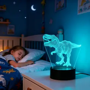 3D Illusion T-Rex Dinosaur Night Light for Kids - RGB & Illuminated Novelty Lighting, Remote & Touch Control, 16-Color Changing Dimmable Bedside Lamp, Cool Birthday Gift for Boys Girls Room Decor, Rgb Novelty Lighting