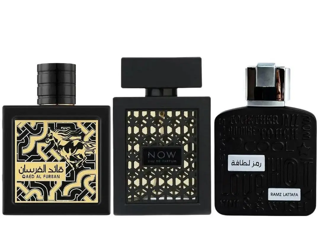 Lattafa Men's 3-Piece Perfume Gift Set - Woody Spicy Oud Fragrance Collection with Rave Now, Ramz Silver & Qaed Al Fursan, 3 x 90ml EDP Sprays, Warm Aromatic Fragrance