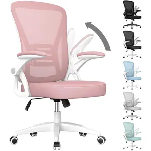 Ergonomic Office Chair, Computer Chair with Adjustable Height, Flip-Up Arms and Lumbar Support, Breathable Mesh Desk Chair for Home Study Working (Without Headrest, Pink)