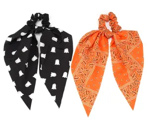Halloween Hair Ties for Woman Girls Fall Orange Bandana Hair Scrunchies Spooky Ghost Elastic Ribbon Bow Hair Tie Autumn Halloween Party Supplies Hair Accessories 2PCS