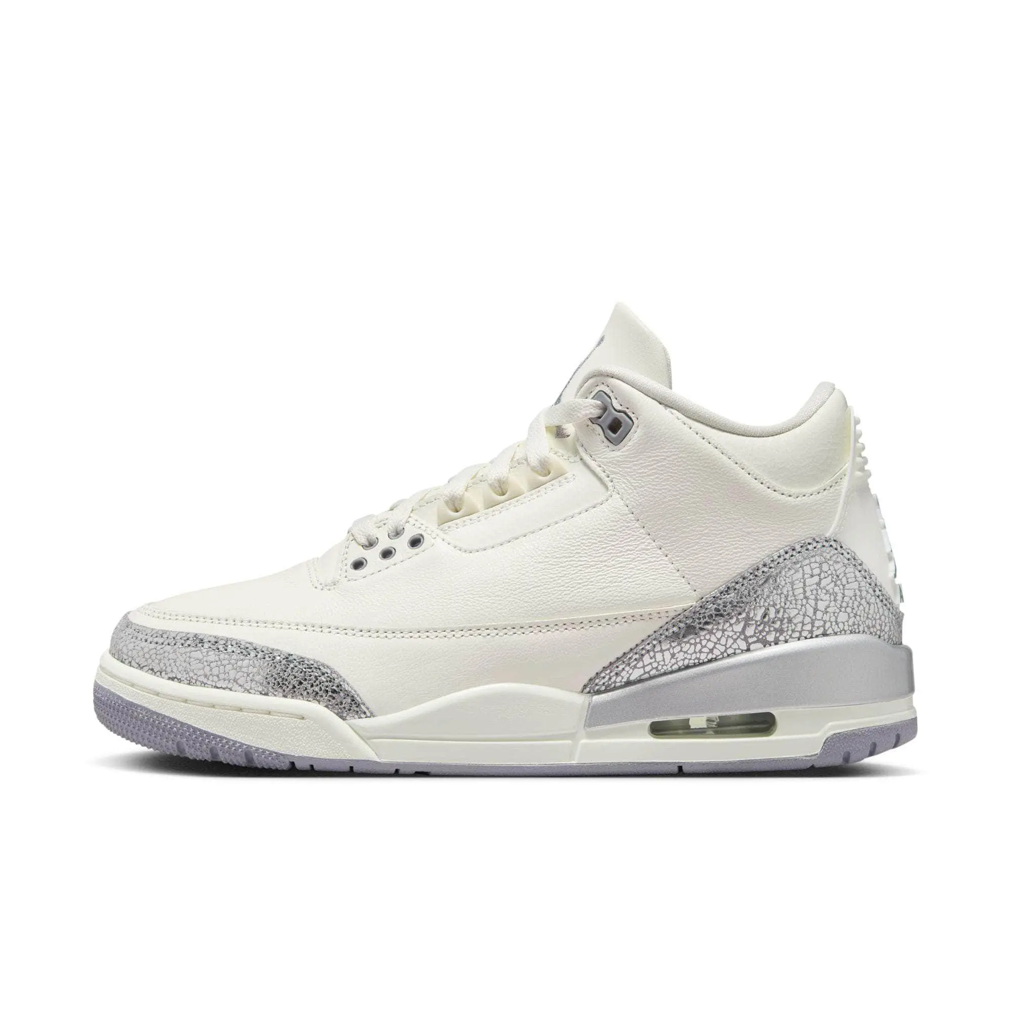 Air Jordan 3 Retro "Sail Cement Grey" Women's Athletic Footwear, Retro Style Sneakers with Elephant Print and Leather Mix, Classic Walking Shoes, Casual Wear, Metallic Silver