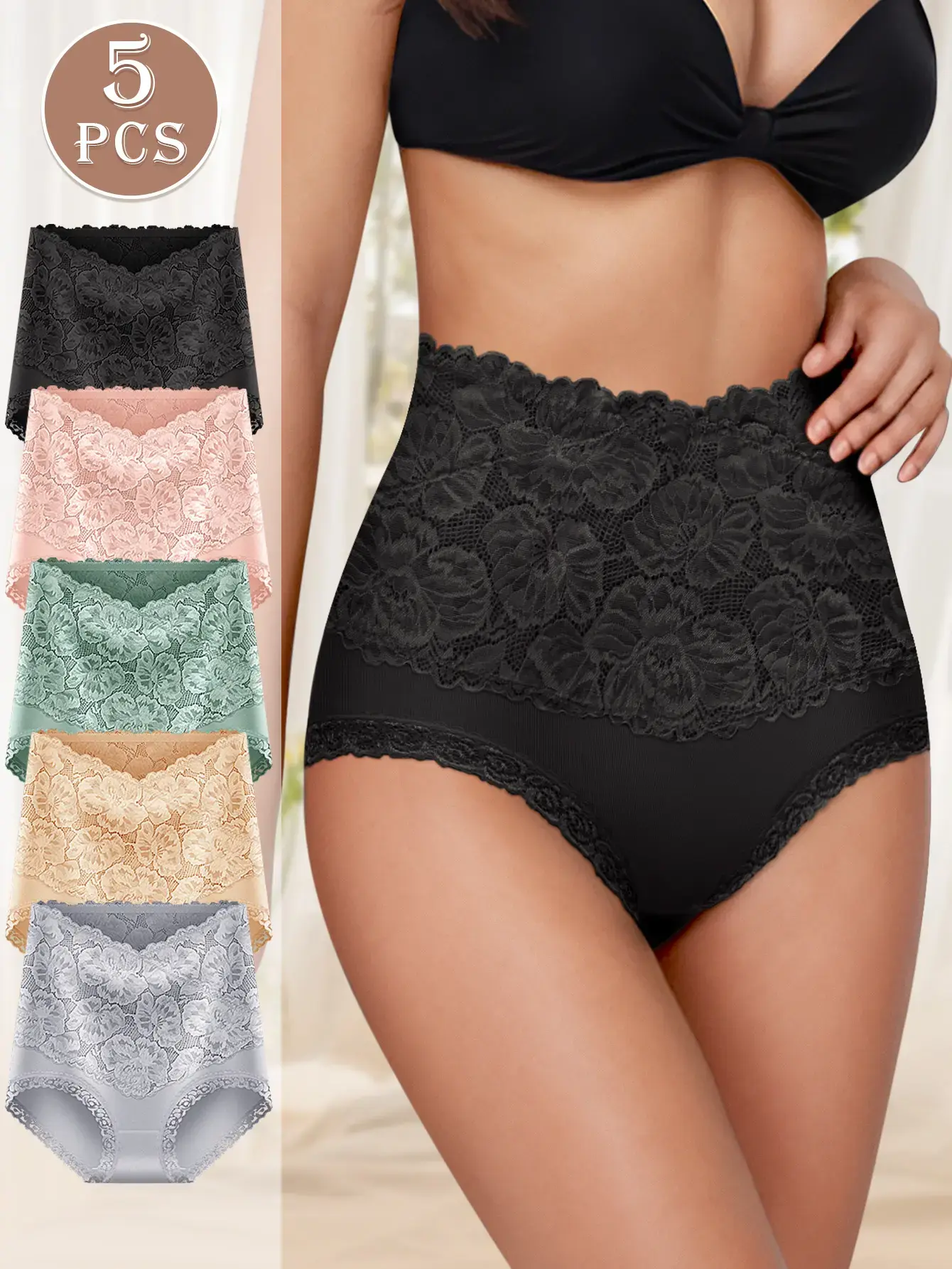 5Pcs Women's High Waist Cotton Underwear  - high stretch soft comfy Breathable Full Coverage Panties with Lace Trim, Tummy Control & All-Day Comfortbody suit for Daily Wear, All Seasonscontrol underwear Floral Womenswear Feminine Spandex