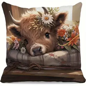 Highland Cow Throw Pillow Cover 1pc, Daisy Cow Pillowcase with Summer Floral Decor, Spring Flower Highland Cow Decorative Cushion, Lodge Style Zippered Pillow Slip, Machine Washable Woven Polyester - Fits Various Room Types
