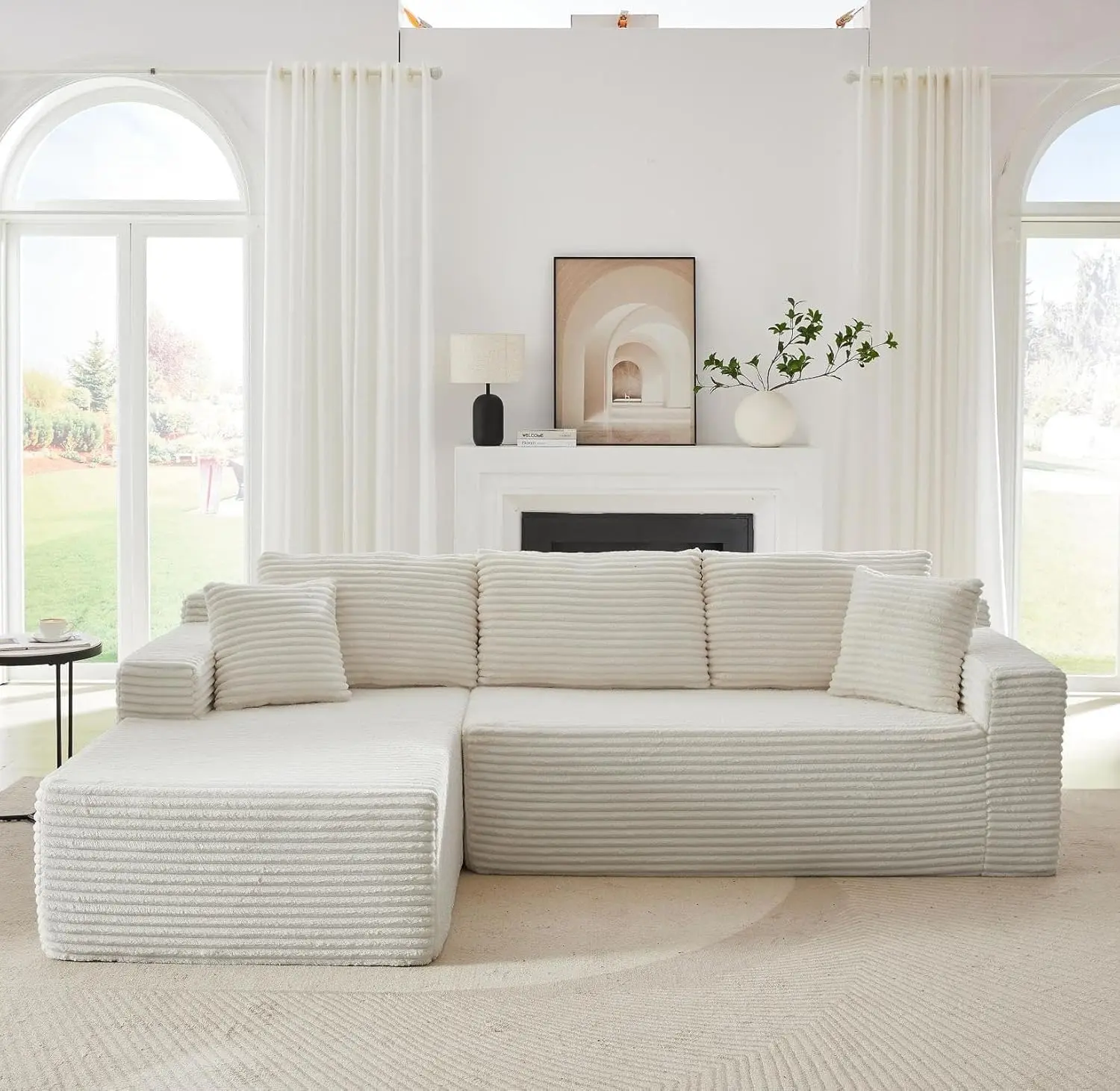 Modular Cloud L-Shaped Corduroy Sofa with Left-Facing Chaise, Modern Deep-Seat Boneless Fluffy Comfy Living Room Boneless Couches, No Assembly Required (White)