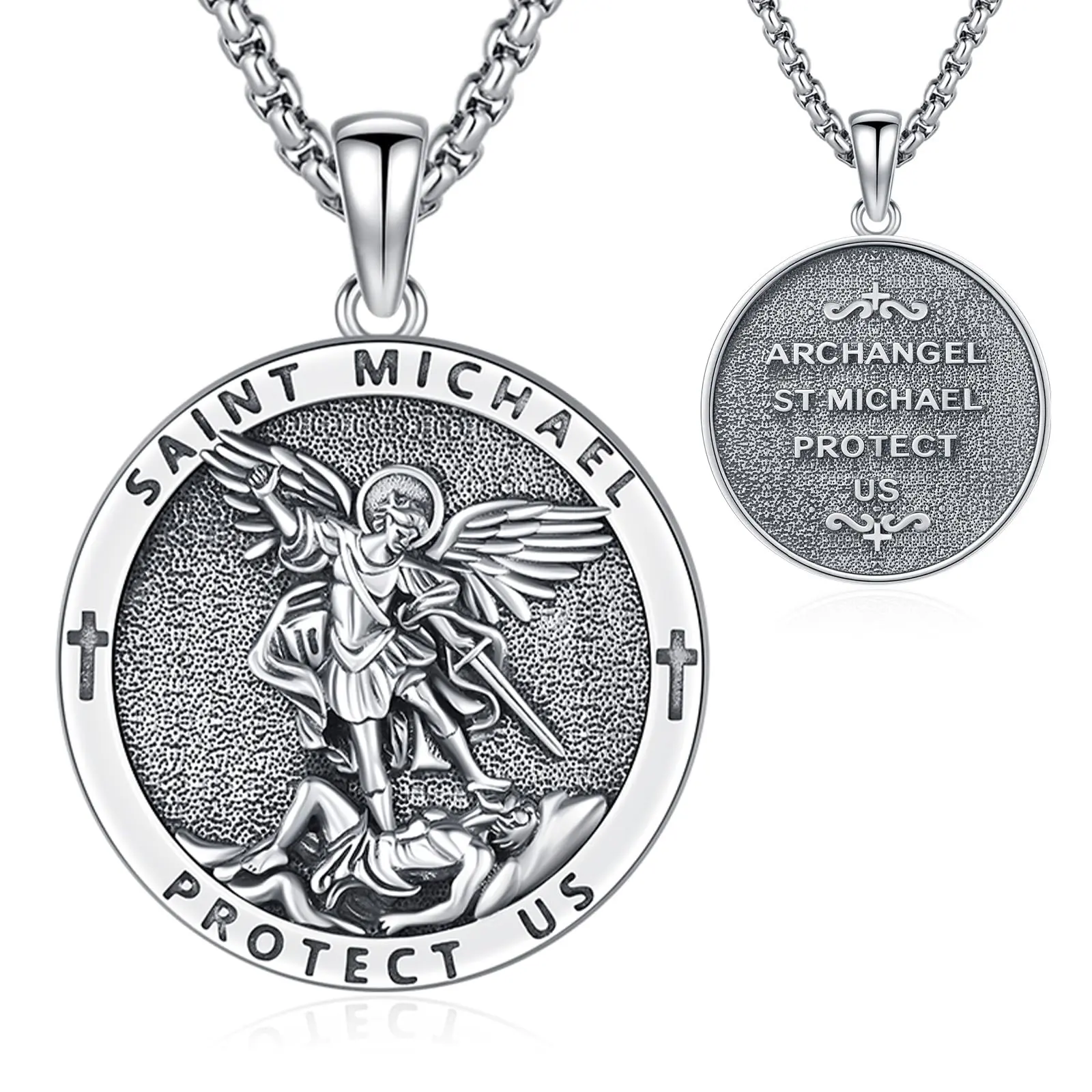 DRINSPER Saint Michael Pendant Necklace for Men, 925 Sterling Silver Christian Protector Amulet of Faith, Christianity, Archangel
