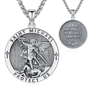 DRINSPER 925 Sterling Silver Saint Michael Faith Pendant Neck Chain, Christian Protection Amulet for Men