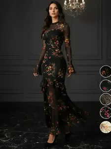 Women's Floral-Print Dress, Elegant Gothic Long Sleeve Dress for Party Holiday Wedding Guest, Ladies' Clothes for All Seasons