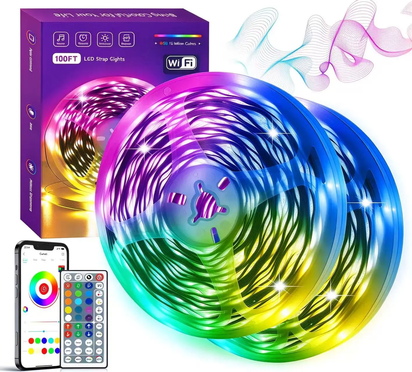100ft 50ft RGB Music Sync LED Strip Lights with Remote Smart APP Control DIY LED Light Strips Color Changing Led Strip Christmas Lights Room Lights