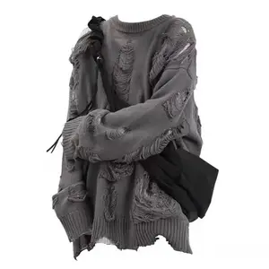 Long Sleeve Sweater Streetwear Men's Sweater Hip Hop Style Ripped Two-piece Design Knitted Round Neck Soft Warm Fall/winter