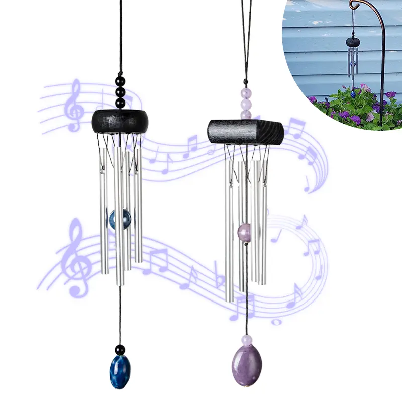 2 Pack Mini Metal Wind Chimes for Outdoor & Indoor, Small Smooth Aluminum Tube Wind Chime with Wooden Top & Stone Pendant, Portable Hanging Wind Chime Decor for Window, Garden, Patio, Home Decor & Memorial Gift