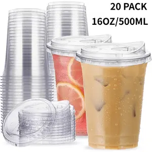 20 sets of PET cups with leak proof lids, 16 ounces, suitable for holding cold drinks, easy to clean, equipped with lids, suitable for holding iced coffee, milkshakes, homemade latte, suitable for theme parties, Christmas and Thanksgiving parties.
