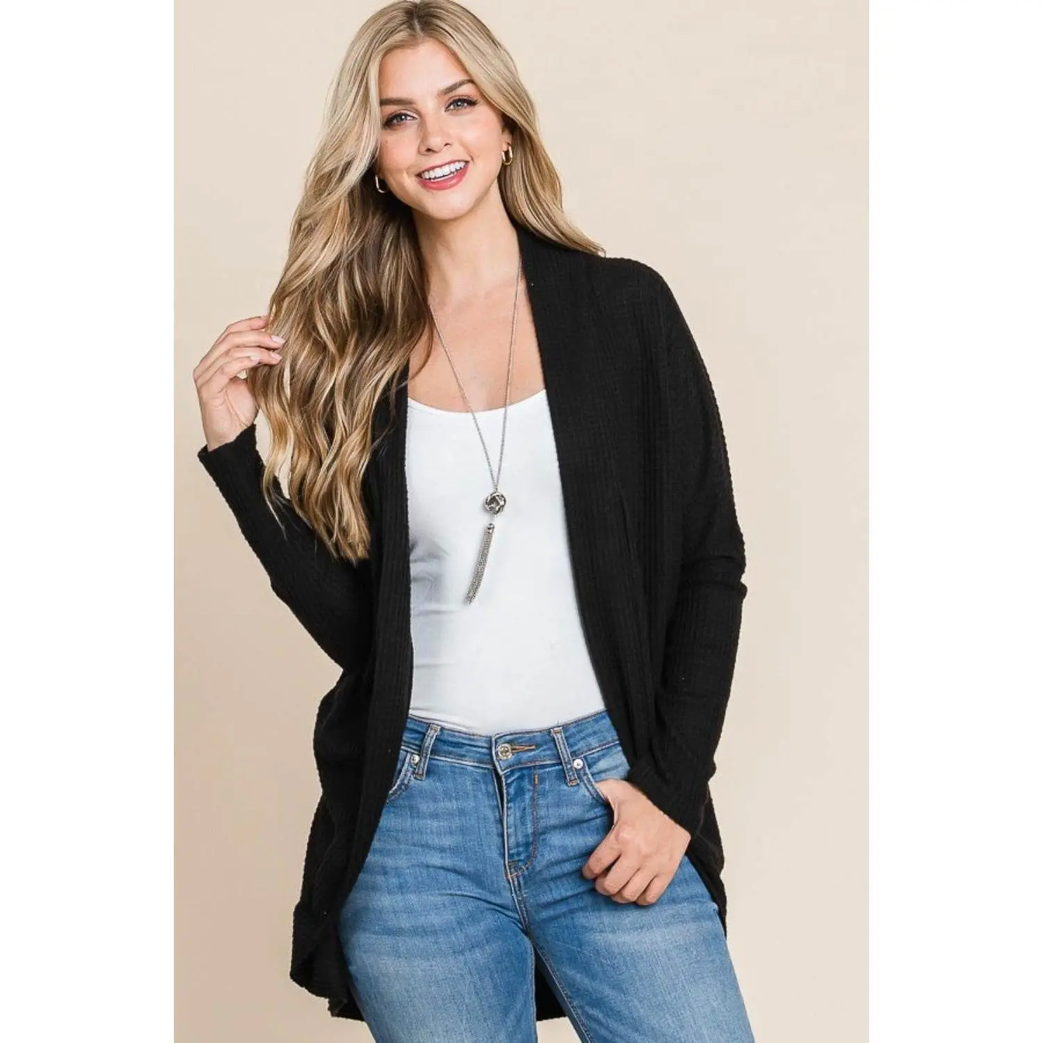 BOMBOM Open Front Waffle Knit Cocoon Cardigan