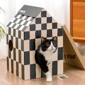 Conlun Cardboard Cat House with Cat Scratch Pad, Catnip, Easy-to-Assemble for Indoor Cats & Small Animals, Natural Pet Supplies