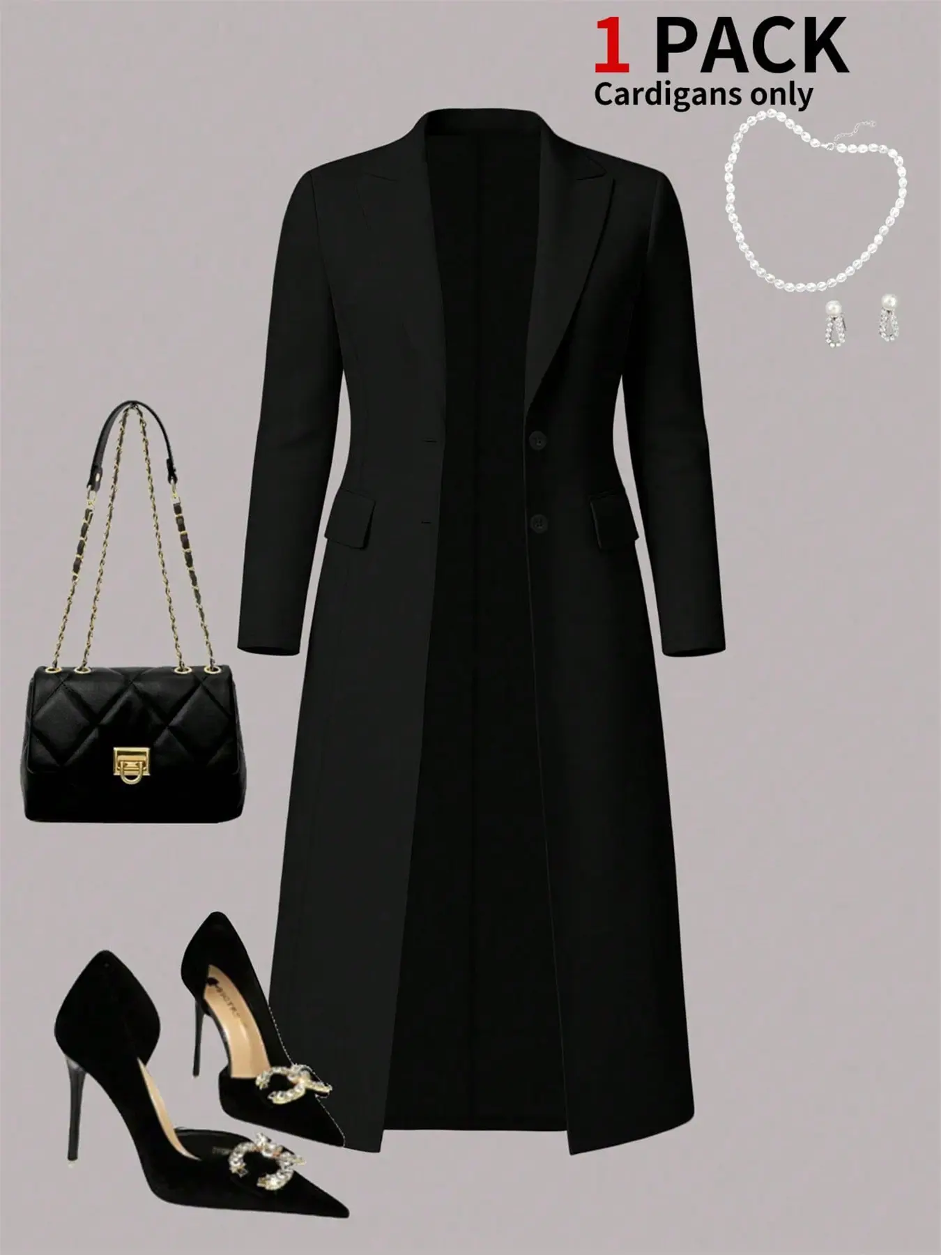 Women’s Autumn New Arrival Elegant Solid Color Simple Versatile Long Open-Front Coat Jacket — Black