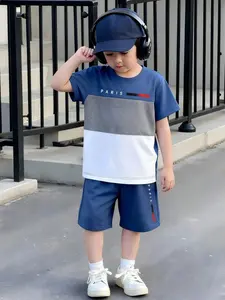 Boys' Fashion Colorblock Design T-Shirt Set, Comfortable Breathable Short Sleeve Shorts Two-Piece, Casual Daily Wear & Leisure Activities
