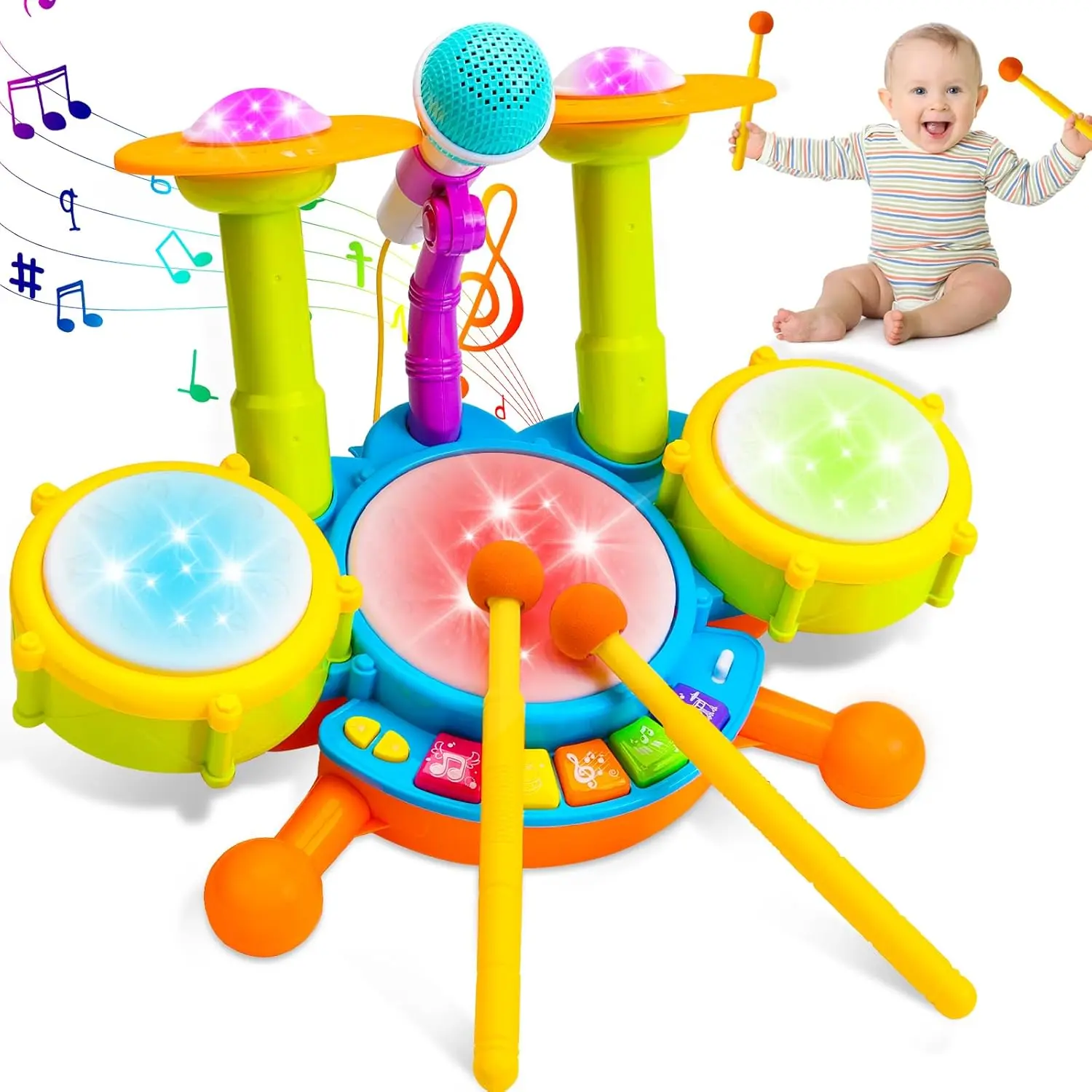 Kids Drum Set For Toddlers, Toddler Drums Toys for Girl With 2 Sticks, Beats Flash Light and Microphone Kids Drum Sets Girl Gifts First Birthday Gifts