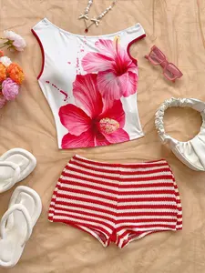 Tina Swim Summer Vacation Outfit 2-Piece Set Women's Red and White Striped Knit Shoulder-Baring Top and Low-Rise Shorts for Beach Cruise