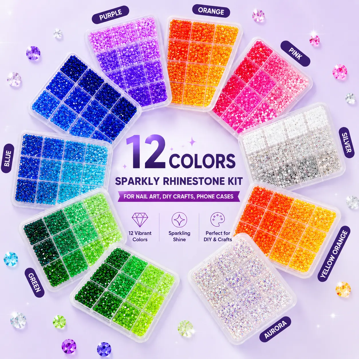 Jelly Rhinestone Kit for Easy Nail Art, 12-Color Mixed Resin Rhinestones with Aurora Finish, Complete with Glue & Picker Tool, Manicure Nail Art, Bedazzling Kit