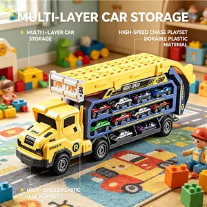 Carrier Truck Toy with 6 Die-Cast Cars, 3-Layer Foldable Race Track Playset, Transport Storage Truck with Launcher, Ideal Gift for Kids 3+,Yellow