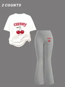 Two-Piece Set Women's Cherry Print Tee & Leggings, Casual Fashion Cozy Round Neck T-Shirt & Skinny Pants for Daily Outdoor Wear, Ladies Clothes for All Seasons, Suits, Stretchy Outfit Sets