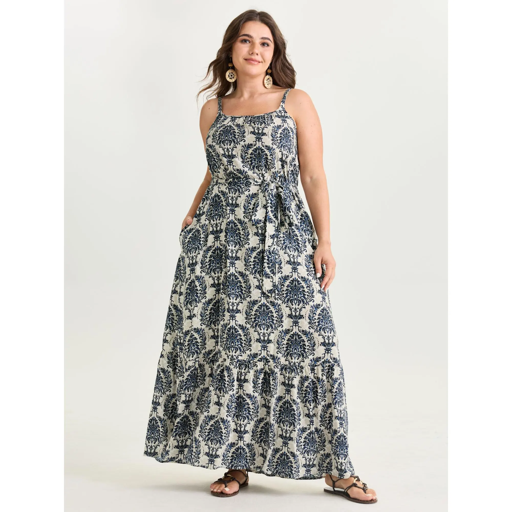BLOOMCHIC Women's Plus Size Supersoft Rayon Fabric Floral Ethnic Damask Print Waist-Tie Maxi Dress [M-6X] for Back To School, Spotlight Day, Maxi Dresses