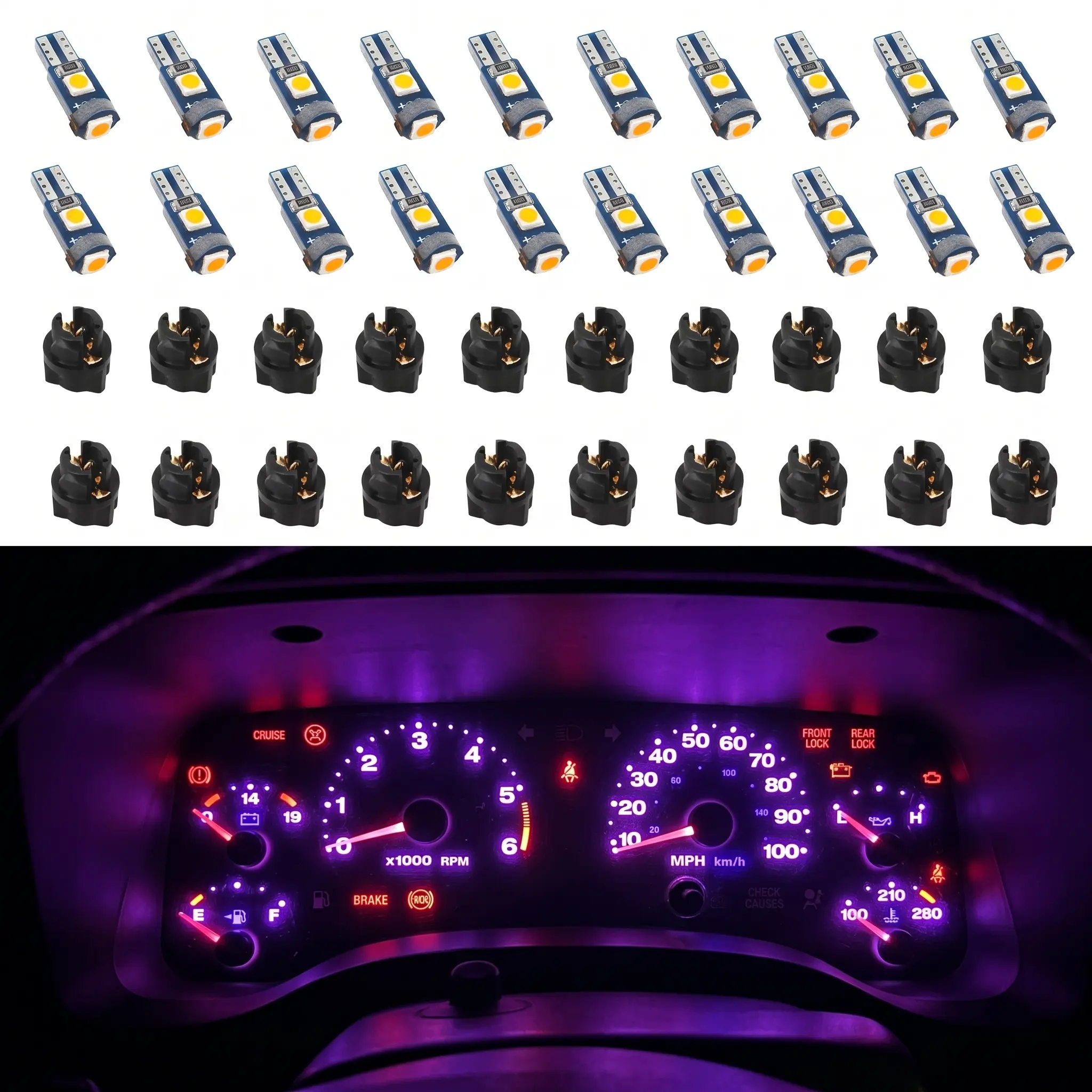 20-Piece T5 Dimmable Backlit Purple LED Bulbs, Car Interior Dome/Door/Instrument Panel Cluster Lights, Vehicle Accessories for Car Decorating