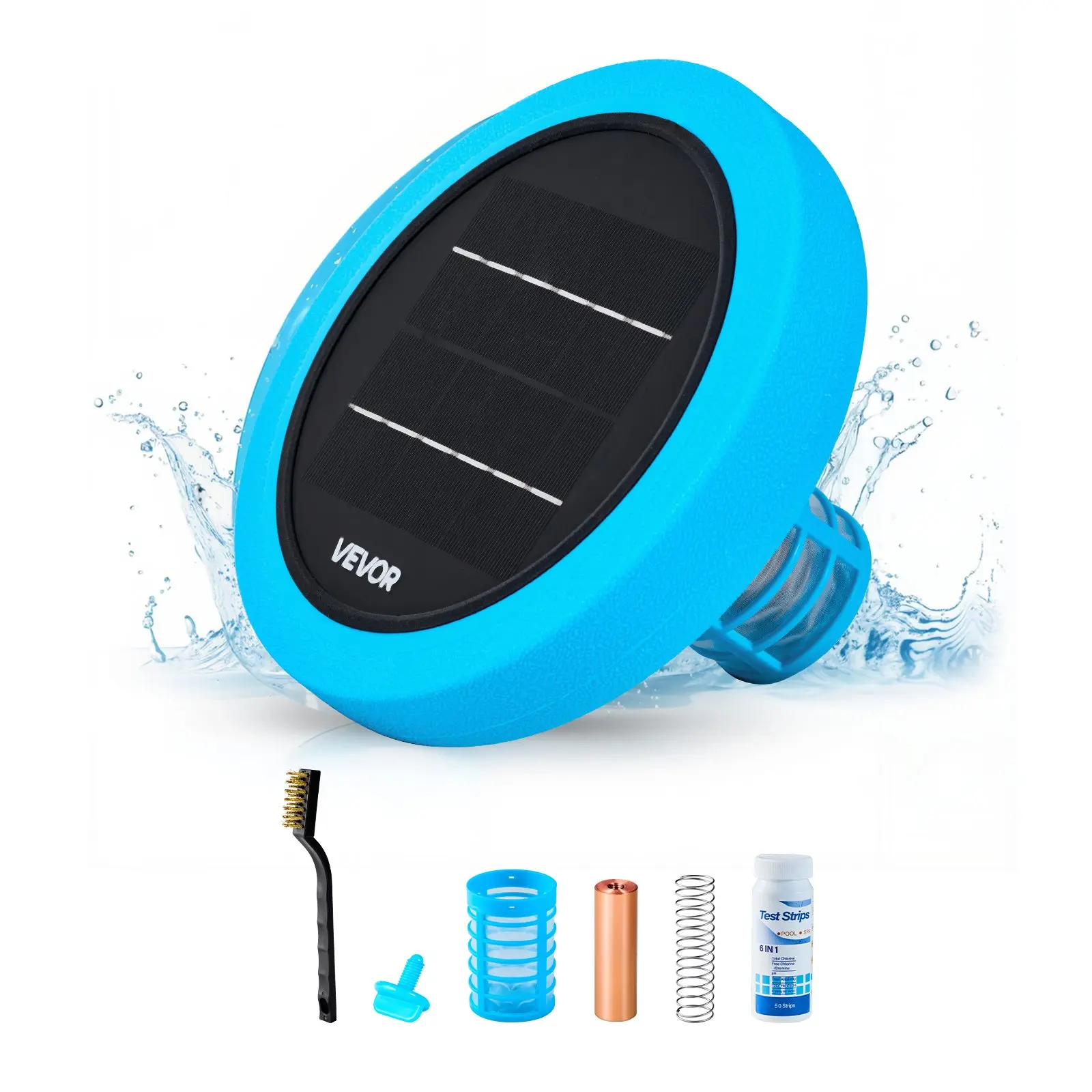 【Summerfinds】VEVOR Solar Pool Ionizer, Round Copper Pool Ionizer Up to 35000 Gal, Floating Automatic Water Cleaner and Purifier, Chlorine Free Water, with Copper Anode, Spring, Brush and Filter for Pools & Spas