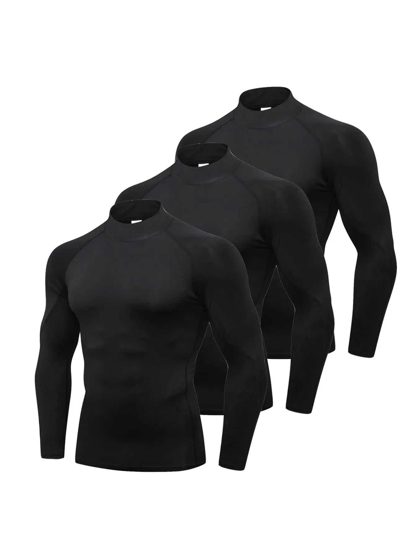 Men's 3pcs Solid Mock Neck Compression Shirt, Long Sleeve Turtleneck T-shirt for Basketball Football Running Athletic Activities, Casual Sporty Top for Spring & Fall, Gym Wear, Athletic Compression Shirts, Casual Sports Tops