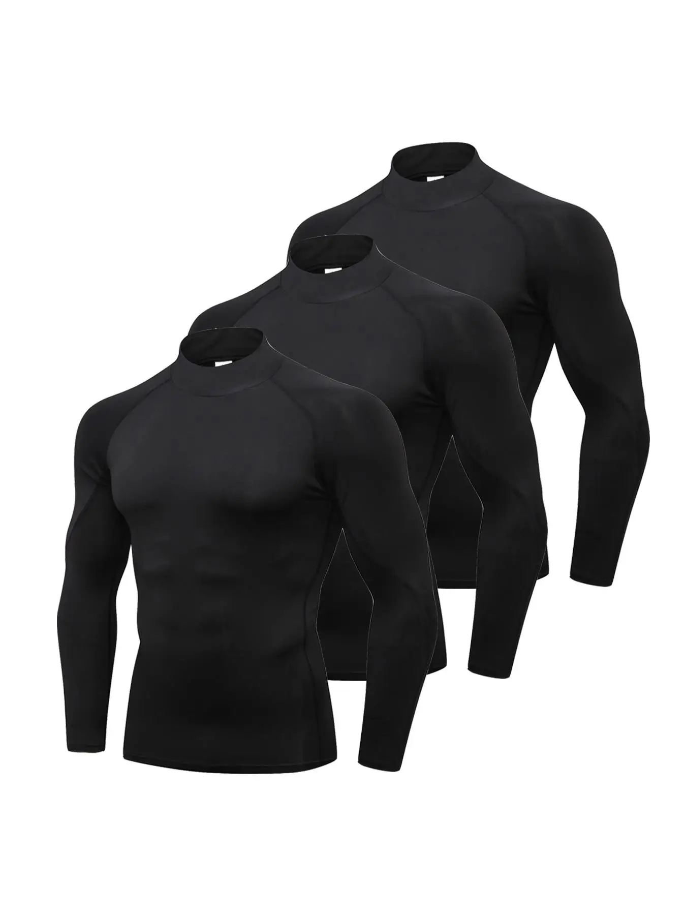 Men's 3pcs Solid Mock Neck Compression Shirt, Long Sleeve Turtleneck T-shirt for Basketball Football Running Athletic Activities, Casual Sporty Top fo