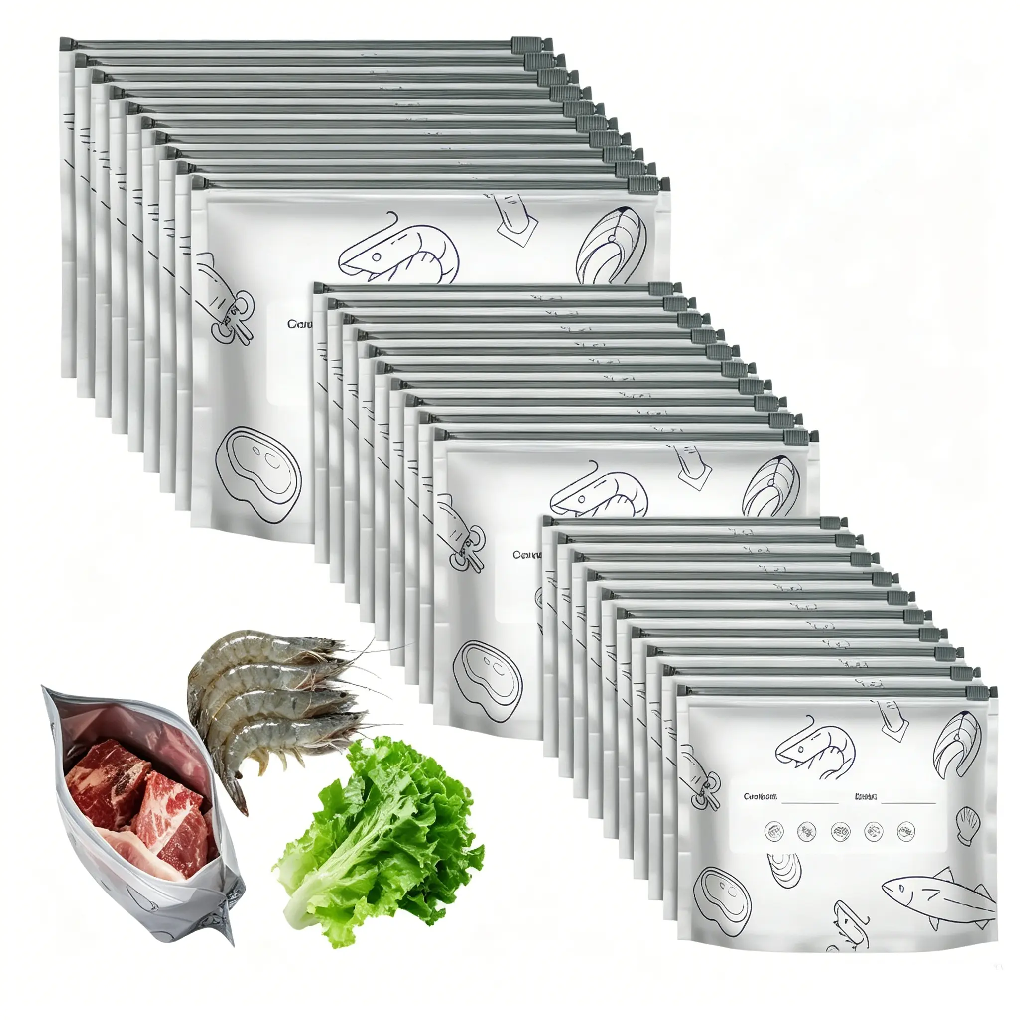 [Refrigerated Food] Airtight, Insulated, Moistureproof Reusable Pure Aluminum Foil Storage Containers - 2026 New Resealable Vacuum Seal Stand-Up Pouches with Expanded Bottom, Zipper, Labels, Kitchen Home Preserving Accessories (Vegetables, Meats)