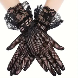 A Pair of Fishnet Lace Gloves, Bow Sexy Mesh Gloves for Wedding Dress Formal Performance
