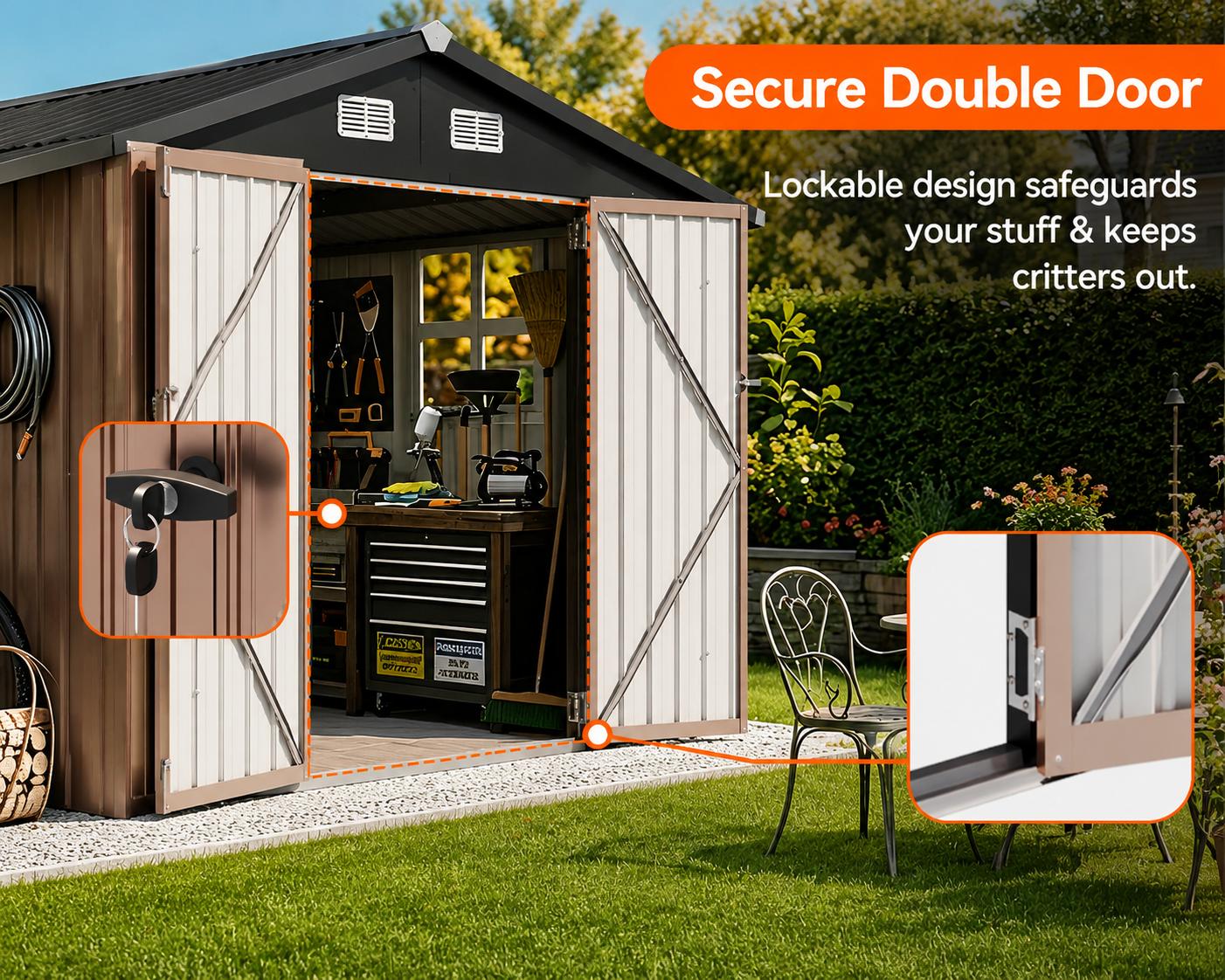 Jolydale Outdoor Storage Shed Metal Lean to Sheds withGazebo,Open Firewood Storage,Garden Shed with LockableDoors,Sloped Roof,Windows, 2 in 1 Large Tool Shed forPatio. Backvard. Lawn