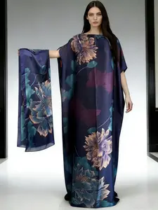 1dress+1scarf Viral Emerald Green Floral Print Satin Kaftan Maxi Dress with Matching Scarf – Silky Loose Fit, Plus Size Friendly, Luxury Loungewear, Beach Cover Up & Evening Party Wear, Must-Have Resort Fashion Piece