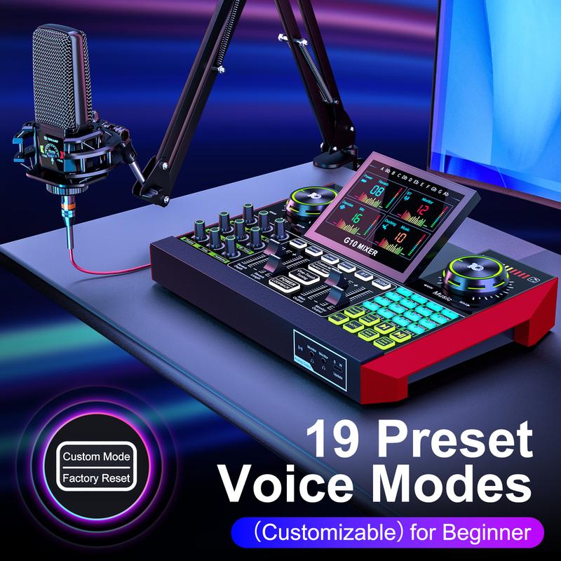 Tenlamp G10-PK Pro (Cantilever) Mixer Sound Card Kit, Custom Sound Effects, with Condenser Microphone, for Live Streaming, Gaming, Singing Podcast Equipment, 2-Level Noise Reduction, Computer Audio Mixer