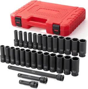 29 count 1/2" Drive Deep Impact Socket Set, SAE & Metric Sizes, 3" 5" 10" Impact Extension Bars, Chrome Plated