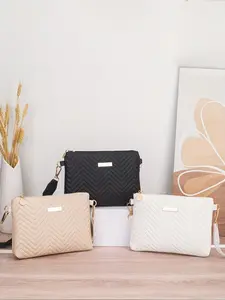 1 piece of women’s wave-patterned embossed combination bag, solid color, shiny metal hardware, cross-body bag, ultra-simple shoulder bag, envelope-style wallet, coin purse, handbag with secure zipper and detachable shoulder strap, Crossbody Shoulder Bag
